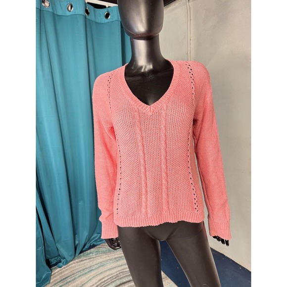 Aeropostale Women's V-Neck Knit Sweater Coral Pink Cable Stitch Medium - Picture 1 of 10